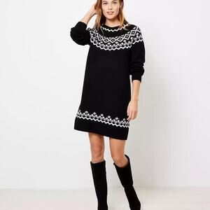 LOFT Womens Fair Isle Sweater Dress Size XL Black White Warm Cozy Winter NWT